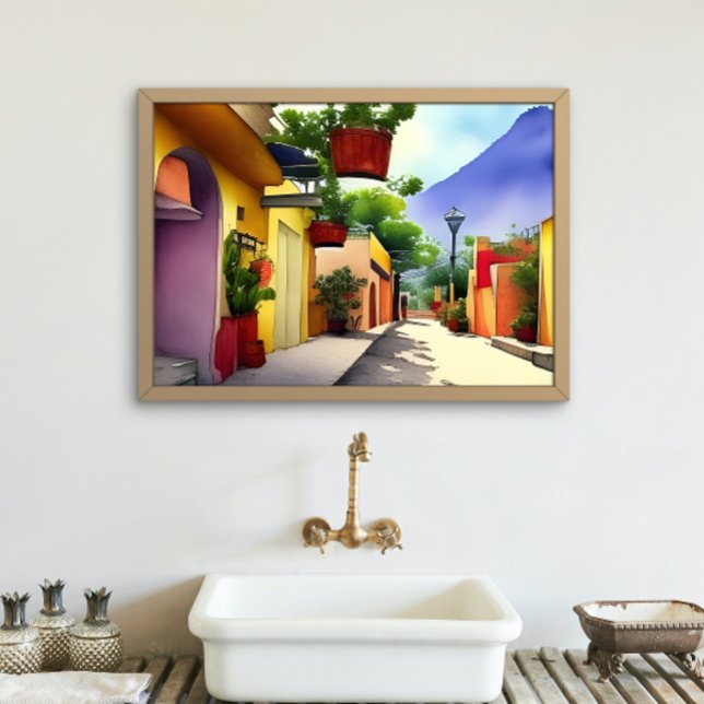 Poster Colorido Mexicano Village Street Scenical Watercol (Criador carregado)