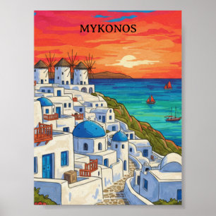 Poster Colorido Mykonos Grécia Moinhos de Vento Viagem Vi