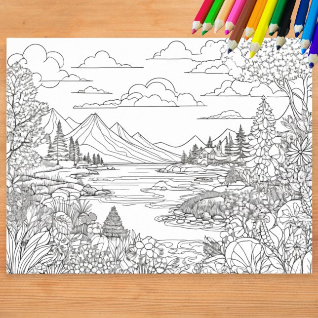 Poster Coloring Landscape Lake Mountain Sceneration Color (A poster to color with detailed landscape including a lake, mountains, trees and plants)