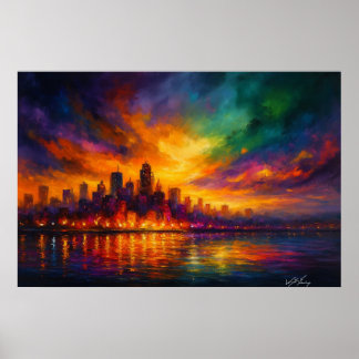 Poster Colorstorm Metropolis Abstract Skyline at Dusk