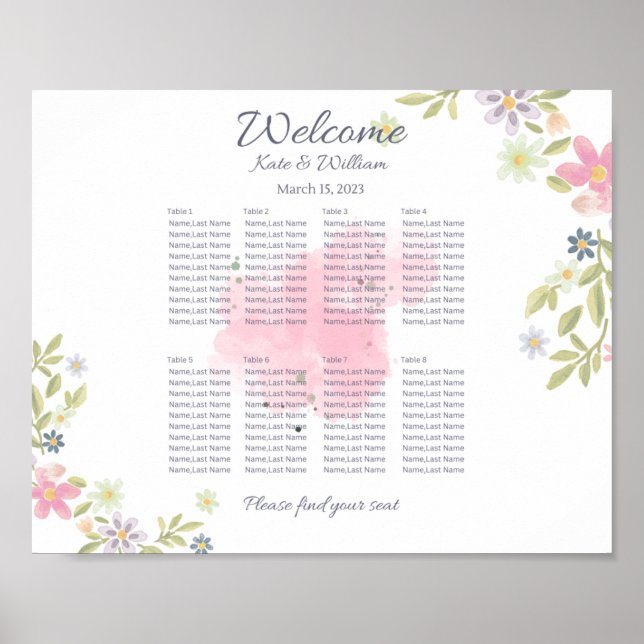 Poster Colourful floral landscape Wedding 8 table seating (Frente)