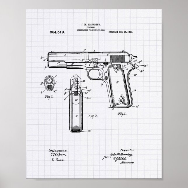 Pôster Colt.45 1911 Patent Art - Lined Peper (Frente)