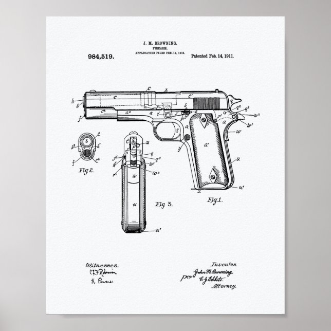 Pôster Colt.45 1911 Patent Art - White Paper (Frente)