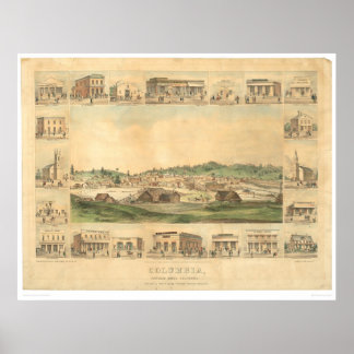 Pôster Columbia, CA. Mapa Panorâmico 1855 (0441A)