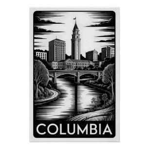 Pôster Columbia Carolina do Sul Preto Branco Xilogravura