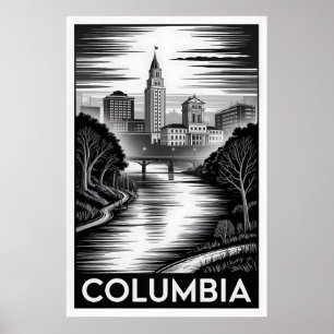 Poster Columbia Carolina do Sul Preto Branco Xilogravura