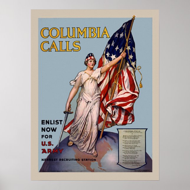 Poster Columbia chama Vintage WW1 exército alistado (Frente)