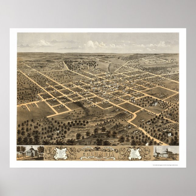 Pôster Colúmbia, MO Mapa Panorâmico - 1869 (Frente)