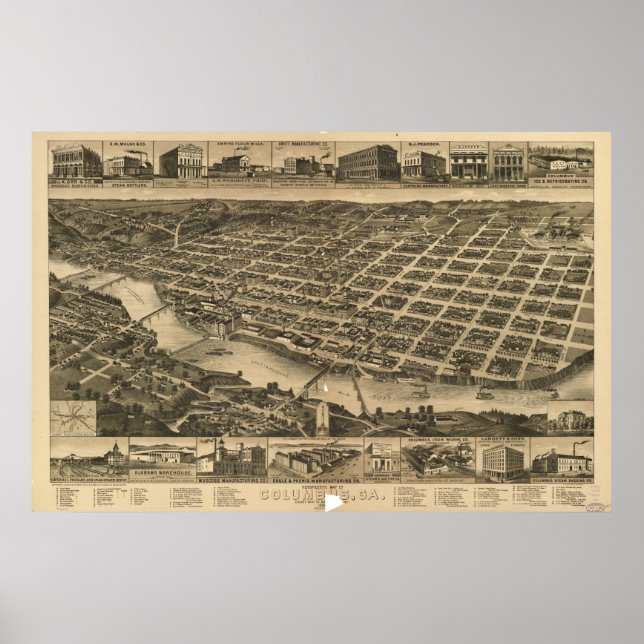 Poster Columbus Georgia 1886 Antique Panoramic Map (Frente)