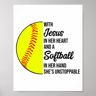 Poster Com Jesus no Coração e uma Bola de Softbol Ela é I