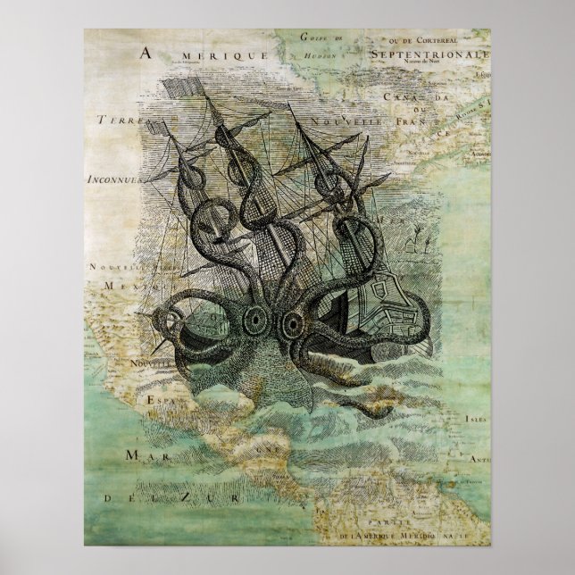 Poster com vintage kraken, navio no mapa (Frente)