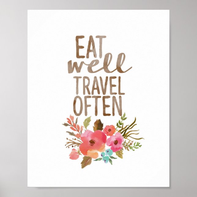 Poster Coma bem Viagem frequentemente | Watercolor Floral (Frente)
