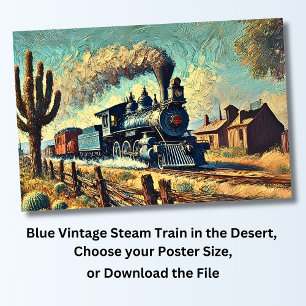 Poster Comboio a vapor azul-venenoso no deserto, ferrovia