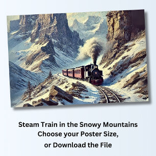 Poster Comboio a vapor nas montanhas de neve, ferrovia
