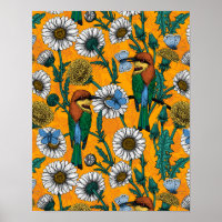 Comedores de abelhas, borboletas azuis e margarida