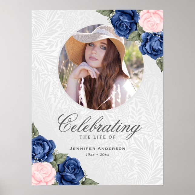 Poster Comemoração da Vida Azul Rosa Foto Sinal de Boas-V (Frente)