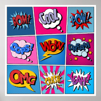 Poster Comic Bubbles Set. Expressões Bom, Legal, Poa, Oop