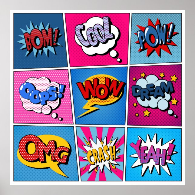 Poster Comic Bubbles Set. Expressões Bom, Legal, Poa, Oop (Frente)