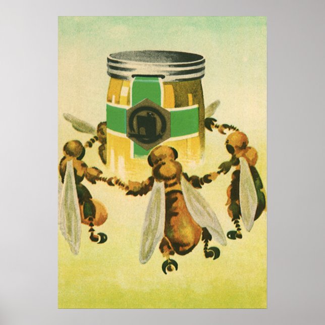 Poster Comida Antiga, Abelhas Orgânicas Dançando em Pote  (Frente)