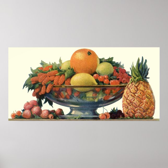 Poster Comida Antiga, Frutas Sortidas em uma Tigela (Frente)