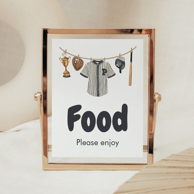 Poster Comida de Chá de fraldas com fio-rolha de beisebol (Baseball Little Slugger Clothesline Baby Shower Food Sign)