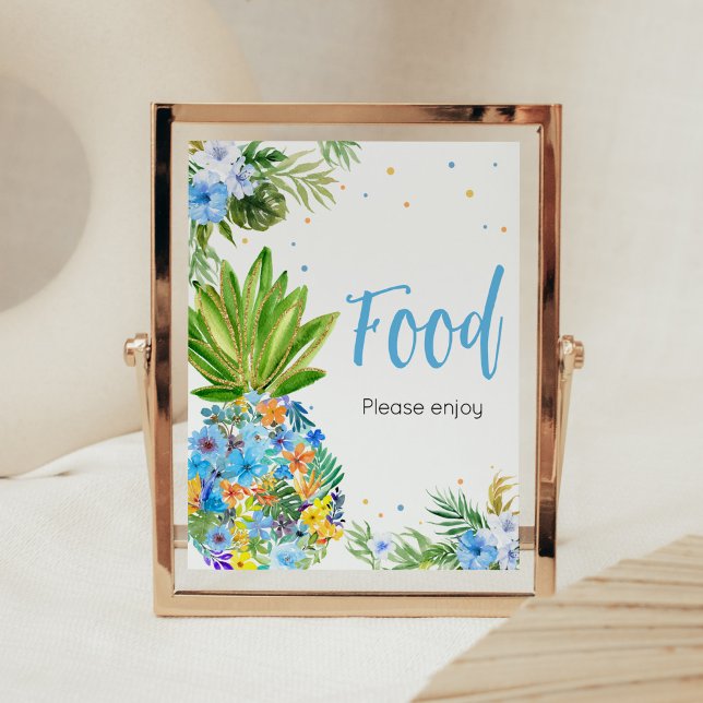 Poster Comida de Chá de fraldas de abacaxi azul floral (Blue Gold Pineapple Baby Shower Food Sign)