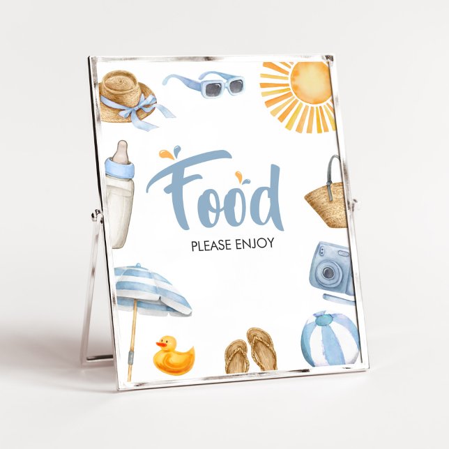 Poster Comida de Chá de fraldas de abertura azul (Boy Summer Beach Baby Shower Food Sign)