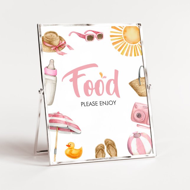 Poster Comida de Chá de fraldas de apresentação rosa (Girl Summer Beach Baby Shower Food Sign)
