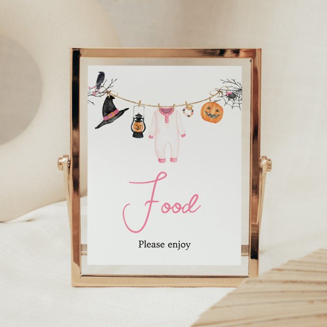 Poster Comida de Chá de fraldas de Boo Rosa (Halloween Baby Clothes Baby Shower Food Sign)