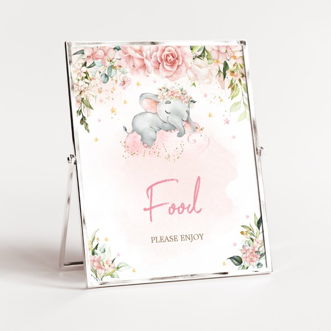 Poster Comida de Chá de fraldas de Elefante Floral Rosa (Pink Floral Sleeping Elephant Baby Shower Food Sign)