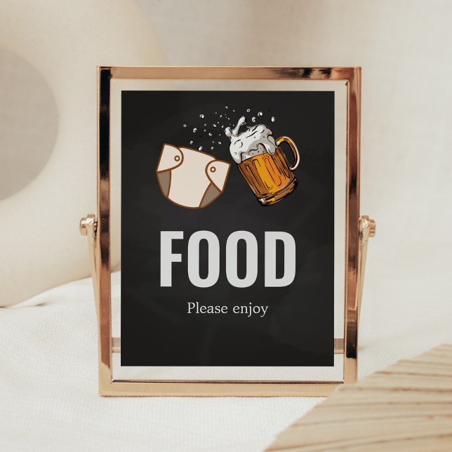 Poster Comida de Chá de fraldas de Huggies e Chuggies (Beer And Diaper Baby is Brewing Baby Shower Food Sign)