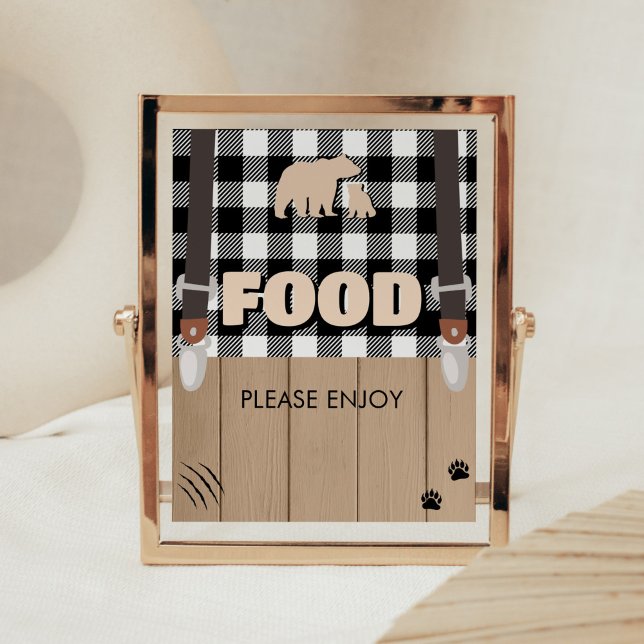 Poster Comida de Chá de fraldas de Lumberjack de Xadrez r (Plaid Lumberjack Baby Shower Food Sign)
