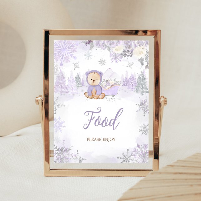 Poster Comida de Chá de fraldas do Urso de Inverno (Purple Teddy Bear Baby Shower Food Sign)