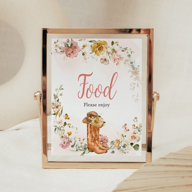 Poster Comida de Chá de fraldas Floral Little Cowgirl (Cowgirl Wild West Baby Shower Food Sign)
