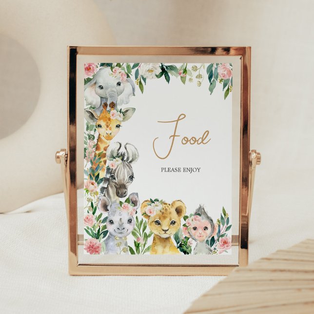 Poster Comida de Chá de fraldas Safari Floral (Greenery Floral Wild One Baby Shower Food Sign)