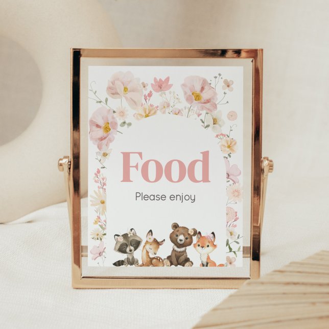 Poster Comida de Chás de fraldas de animais de floresta f (Pink Flower Woodland Animals Baby Shower Food Sign)