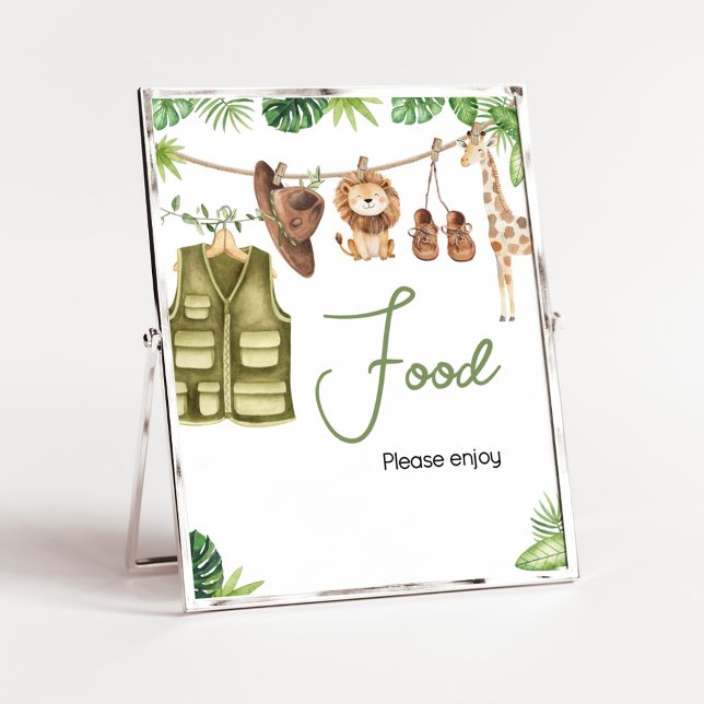 Poster Comida de Chás de fraldas de Selva de Safari Tropi (Tropical Safari Jungle Animals Clothesline Baby Shower Food Sign)