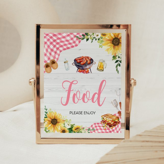 Poster Comida de CHURRASCO de girassol rosa (Baby- Q Backyard Baby Shower Food Sign)