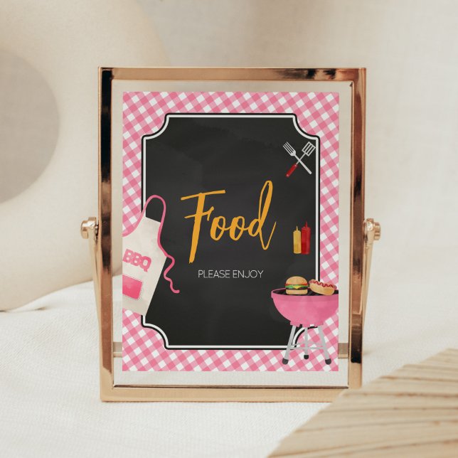 Poster Comida de CHURRASCO Gingham rosa (Girl Baby-Q Baby Shower Food Sign)