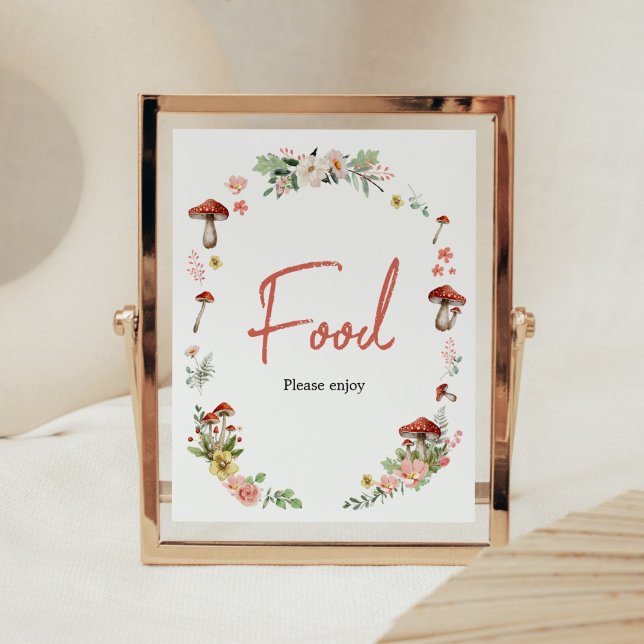 Poster Comida de Cogumelo de Flor Selvagem Encantada (Enchanted Mushroom Baby Shower Food Sign)