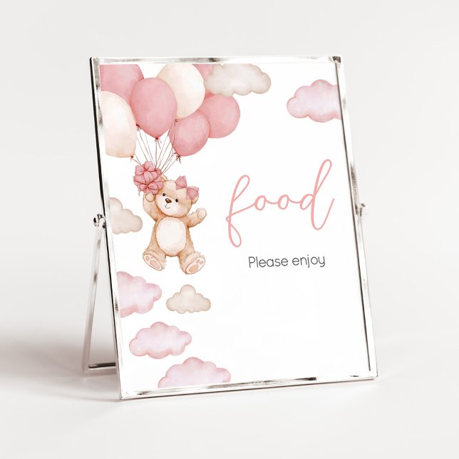Poster Comida de Espera do Balão do Urso Rosa (Pink Baby Bear Balloon Baby Shower Food Sign)