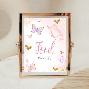 Poster Comida de Primavera de borboleta Dourada rosa