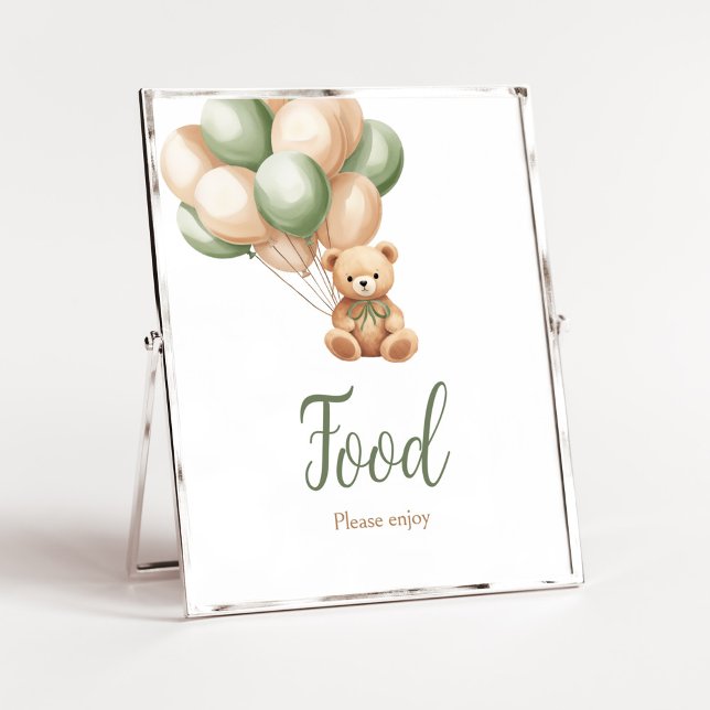 Poster Comida do Balão do Urso Verde Sage (Green Boho Bear Baby Shower Food Sign)
