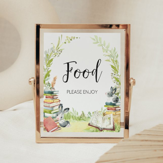Poster Comida do novo capítulo do storybook (Vintage Storybook Rabbit Baby Shower Food Sign)