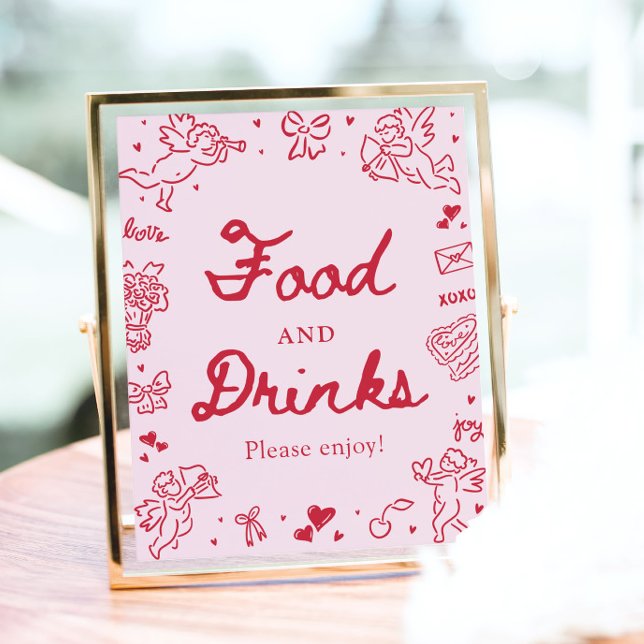 Poster Comida e Bebidas Modernas do Dia dos Namorados Des (Pink Hand Drawn Modern Valentine Food and Drinks Sign)