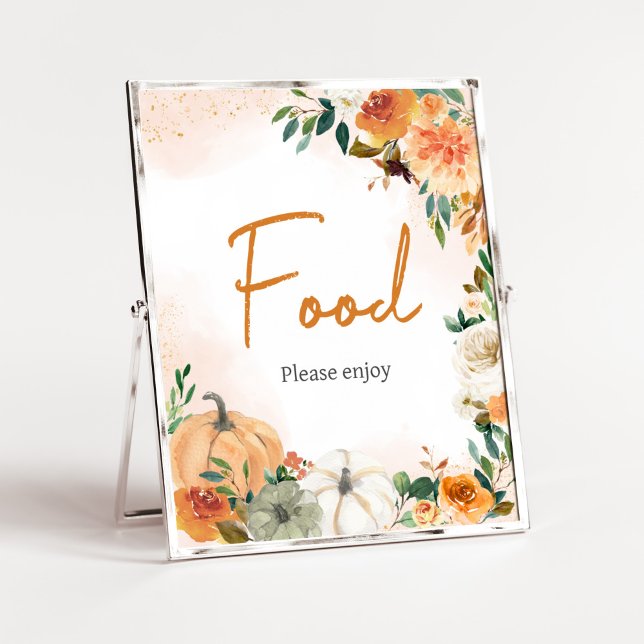 Poster Comida Floral de Abóbora de Outono Laranja Chá de  (Autumn Floral Pumpkin Baby Shower Food Sign)