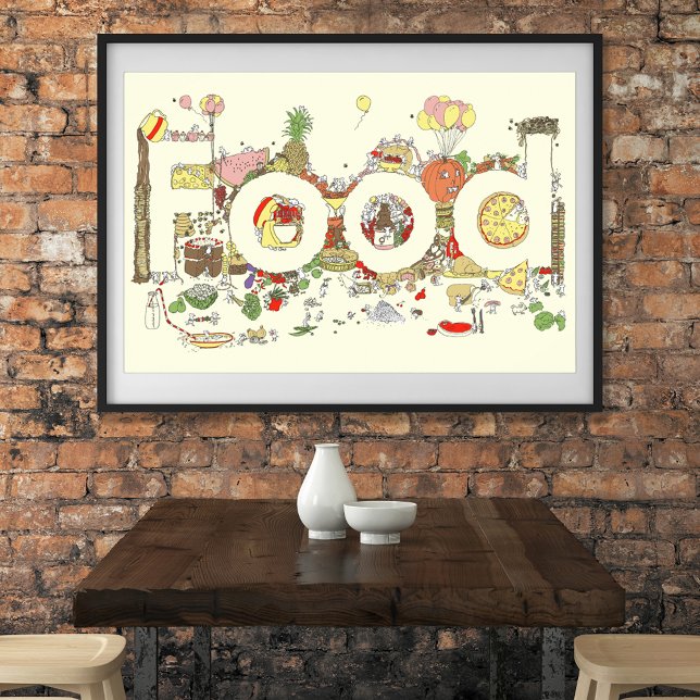 Pôster Comida Palavra Arte Colorida Engraçada Fazendo Tip (Cute Food word cartoon watercolor art poster unique original artwork by artist Catherine Sweetman )