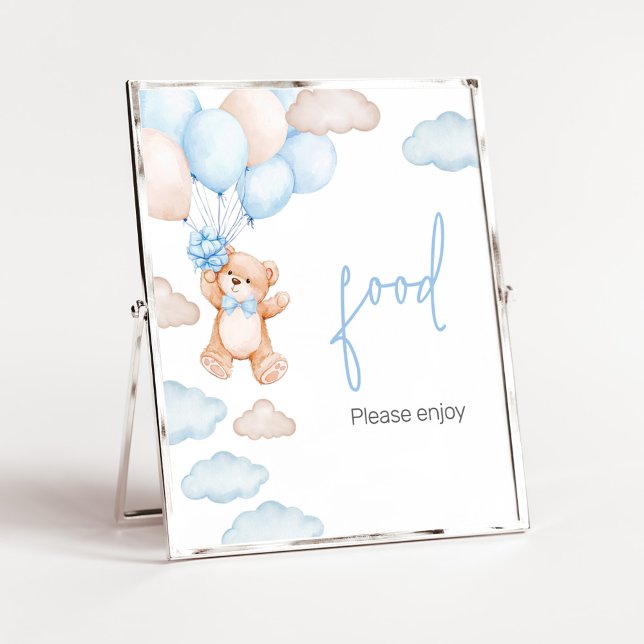 Poster Comida para Chá de Bebê do Urso Azul Balão (Blue Baby Bear Balloon Baby Shower Food Sign)