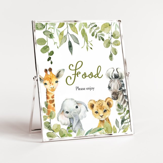 Poster Comida Safari Selvagem Um (Greenery Animals Baby Shower  Food Sign)