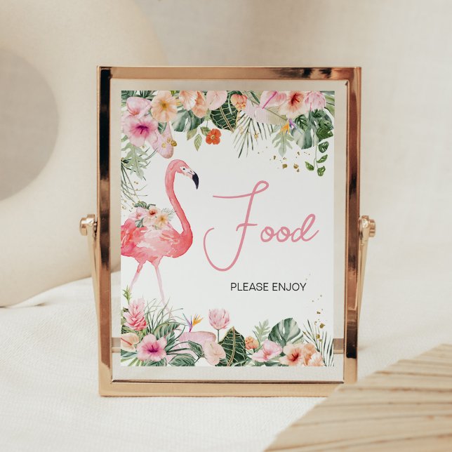Poster Comida Tropical Flamingo Chá de fraldas (Floral Flamingle Baby Shower Food Sign)